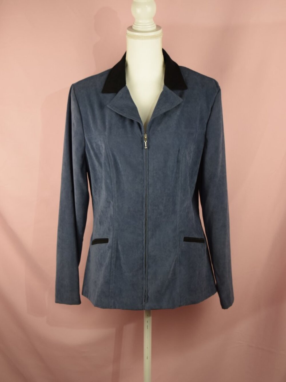 Jaclyn Smith Slate Blue Faux Suede Zip-Up Collared Jacket | Size 14